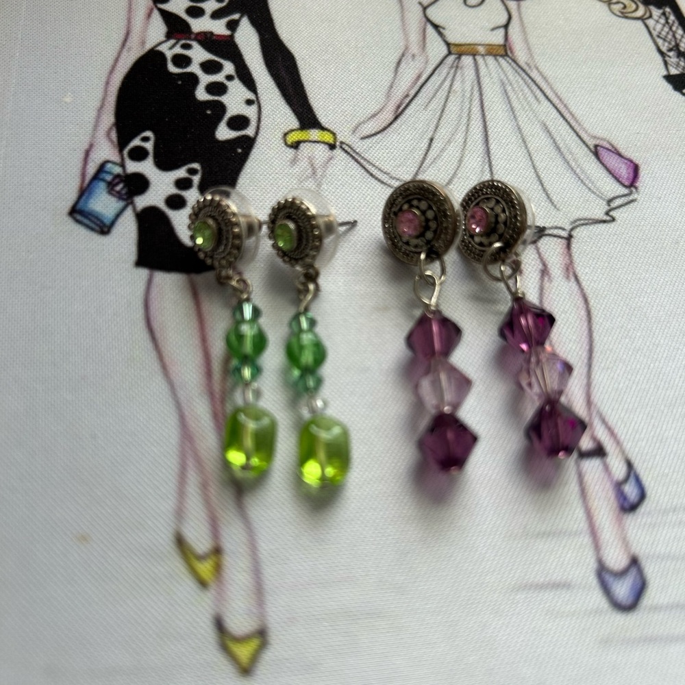 Two pairs of Elegant Green and Purple Dangle Earrings